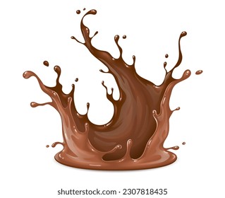 Chocolate fluid splash crown flow with bubbles and drops isolated on white background. Melted hot drink for sweet choco food packaging design. Realistic. Vector illustration