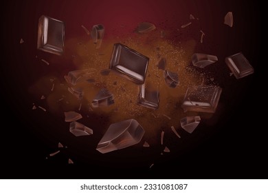 Chocolate flying and cocoa powder in the middle isolated on solid color background, Vector realistic in 3d illustration.