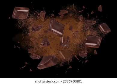 Chocolate flying and cocoa powder in the middle isolated on solid color background, Vector realistic in 3d illustration.