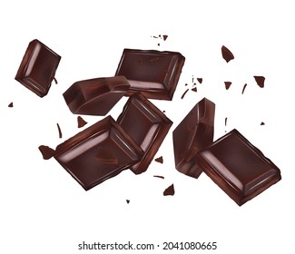 Chocolate flying in the middle isolated on white background, Vector realistic in 3d illustration.