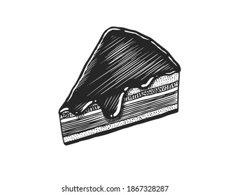 Chocolate fondant cake. Fruit dessert or tart. Hand drawn bakery product. Celebratory Sweet Food. Vintage engraved sketch. Vector illustration for a banner or menu of a cafe and restaurant.