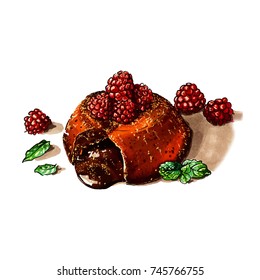 Chocolate fondant with raspberries and mint marker illustration. Sketch colorful illustration.