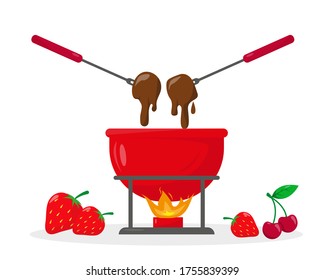 Chocolate fondue in ceramic bowl with fire and berries near it. Vector illustration on white background.