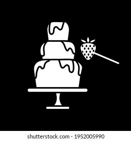 Chocolate fondue dark mode glyph icon. Strawberry on stick to dip in liquid choco. Melted chocolate fountain. Party treat. White silhouette symbol on black space. Vector isolated illustration