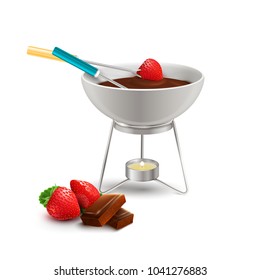 Chocolate fondue with strawberry in culinary utensil with candle realistic composition on white background vector illustration