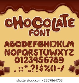 Chocolate font, candy type, brown choco typeface, tasty english alphabet letters and numbers, vector typography. Sweet dessert food abc font with cartoon melted dark chocolate drips and choco bars