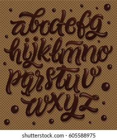 Chocolate Font on Brown Waffles Background. Dessert lettering. Sweet and delicious typography.