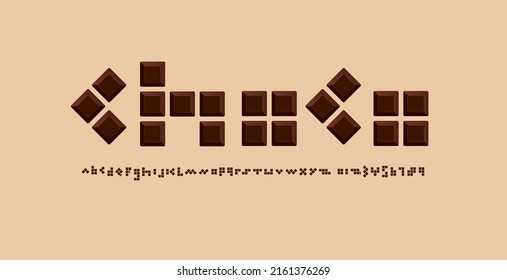 Chocolate font, trendy alphabet, Latin letters and Arab numbers made in choco squares, vector illustration 10eps