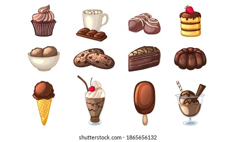 Chocolate food and drinks. Set of desserts on white background. Cartoon style. Vector illustration.