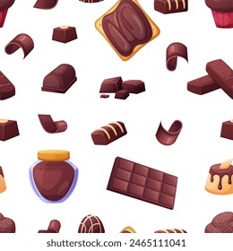 Chocolate food seamless pattern. Candies, chocobar, sweet cocoa pasta and muffin. Popular dessert, bites and confectionery vector background