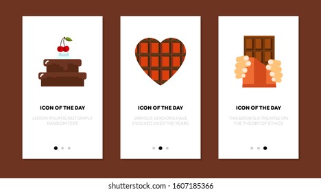 Chocolate foods flat icon set. Heart shaped pie, cake, bar. Sweets, confectionary, dessert concept. Vector illustration symbol elements for web design