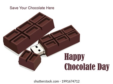 Chocolate in the form of a flash disk and Happy chocolate day greetings. chocolate illustration to celebrate World Chocolate Day. Innovation and variety of flash disk