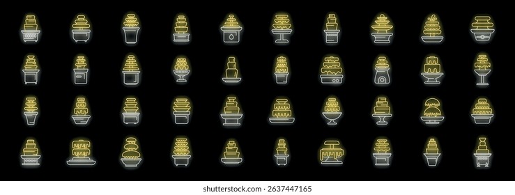 Chocolate fountain icons set, glowing neon style pictograms, party or wedding dessert, catering or buffet food, melted liquid chocolate, sweet treat, vector illustration