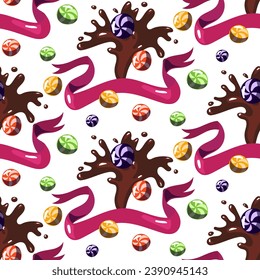 Chocolate fountain pattern with candy and ribbon. The world of the creator of sweets with fictional candies. Magic chocolate. Chocolate and striped caramel, ribbon with on a white background. Print