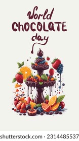 A chocolate fountain surrounded by colorful fruits and treats