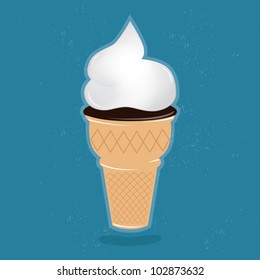 Chocolate fresh ice cream with cream in a cone, summer offer concept, on a grudge and grained background, vector illustration
