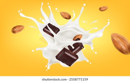 Chocolate with fresh milk splashing in the middle isolated on solid color background. Vector realistic in 3d illustration.