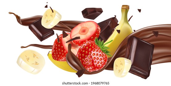 Chocolate with Fresh strawberries, Bananas splashing in the middle isolated on solid color background, Vector realistic in 3d illustration.