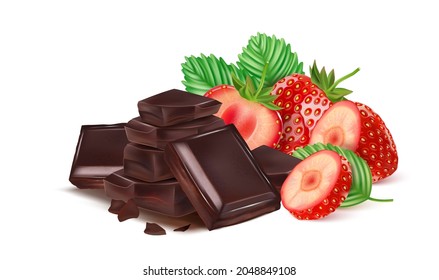Chocolate and Fresh strawberry in the middle isolated on white background, Vector realistic in 3d illustration.