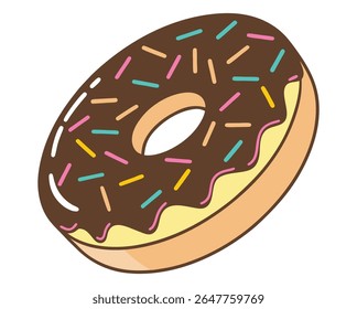 A chocolate frosted donut with a wavy yellow glaze and scattered colorful sprinkles including pink, blue, orange, and yellow.