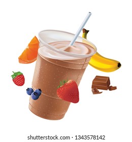 Chocolate frosty drink surrounded by fruit