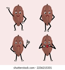 Chocolate fruit bean cacao or cocoa vector illustration. Mascot character with cute expression with happy, sad, mad, and surprised pose. Isolated cartoon flat drawing on light brown background.