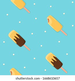 Chocolate and fruit ice cream seamless pattern. Vector illustration on blue background for advertising, decoration, packaging, flyer, banner, print. Delicious dessert with caramel filling.