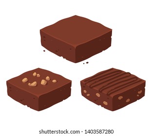 Chocolate fudge brownie isometric piece set. Traditional, with nuts and cocoa frosting. Classic chocolate dessert vector clip art illustration.