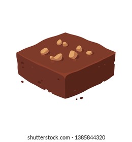 Chocolate fudge brownie square with nuts. Isometric piece of cake, vector clip art illustration.