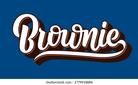 Chocolate fudge brownie vector logo. Hand drawn lettering typography isolated on blue background. Packaging, print, poster, banner