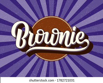 Chocolate fudge brownie vector poster. Hand drawn lettering typography and label isolated on textured purple background with sunburst. Food packaging, print, logo, banner, sticker, badge	
