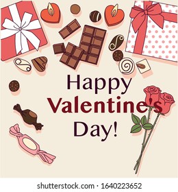 Chocolate gift boxes and text messages scattered on the floor. Valentine's day post card concept. hand drawn style vector design illustrations. 