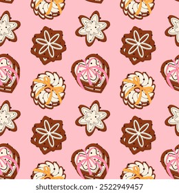 Chocolate gingerbread cookies with decorations and milk cream. Gingerbread cookies with bows on a pink background. Seamless gingerbread pattern. Pastries, sweets, chocolate, decorations