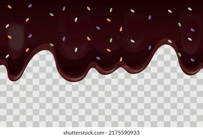 Chocolate glaze background. Sweet liquid flows down on transparent backdrop, dessert with copy space. Graphic elements with sweets for confectionery website. Realistic 3d vector illustration