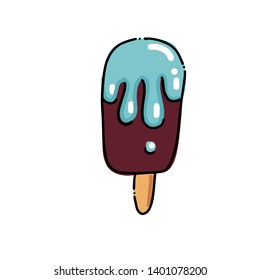 Chocolate glaze Ice Cream lolly Sketch. Hand drawn cartoon isolated illustration on a white background. Sweet delicious cold ice lolly dessert food, snack. Stylized drawing cartoon Line art. Doodle.
