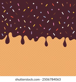 Esmalte de chocolate con gofre sobre fondo con chispas de colores, Ilustración vectorial.	