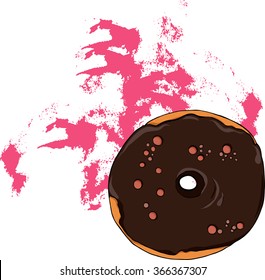 Chocolate glazed donut on white background with pink brushstrokes. Cartoon sketch drawn by ink. Hand drawn vector illustration.