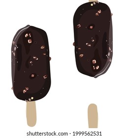 Chocolate glazed ice cream, sprinkled with nuts, on a stick. Seamless pattern on a white background. Vector stock illustration.