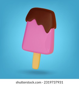 Chocolate glazed pink ice cream on stick. On blue background. 3D Rendering. Vector illustration