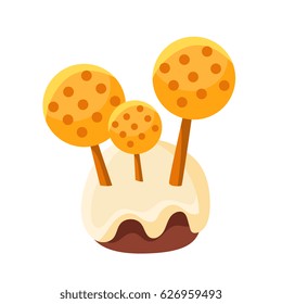 Chocolate glazed stump with mushrooms made of yellow sweets. Colorful cartoon vector Illustration