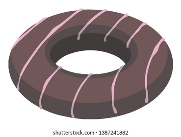 Chocolate glazed sweet donut with pink strawberry cream lines simple cartoon vector illustration