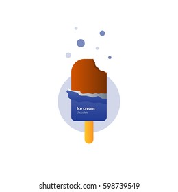 Chocolate glazing ice cream on stick with bite mark, lolly popsicle, delicious dessert, vector flat design illustration