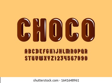 Chocolate glossy font, brown alphabet in the cartoon style, tasty rounded letters from A to Z and numbers from 0 to 9 for you designs: logo, t shirt, card, poster, vector illustration 10EPS