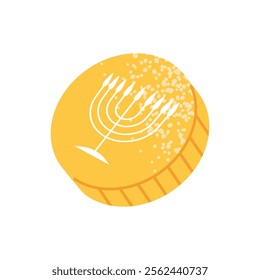 Chocolate gold coin with Jewish symbol. Traditional gift for children on Hanukkah. Flat vector illustration isolated on white background.