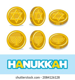 Chocolate gold coins with Jewish symbols - a traditional gift for children on Hanukkah. Hanukkah vector elements