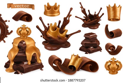 Chocolate and golden crown 3d realistic vector icon set