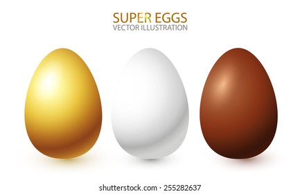 Chocolate, golden and white eggs. Vector illustration.