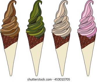 Chocolate, Green tea, Vanilla and Strawberry Softcream