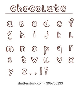 Chocolate hand draw alphabet. ABC for your projects and design. Lower case. Isolated on white