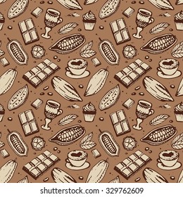 Chocolate hand drawing pattern on the dark background. Cacao, beans, chocolate, cake, cup of hot chocolate, mug, latte. For menu and box design: horeca, cafe, bar, restaurant, cooking, bakery